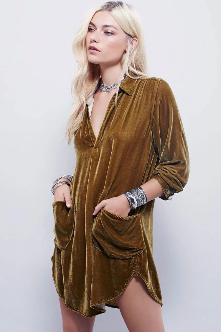 Khaki Collared V-Neck Long Sleeve Velvet Pocket Shirt Mini Dress