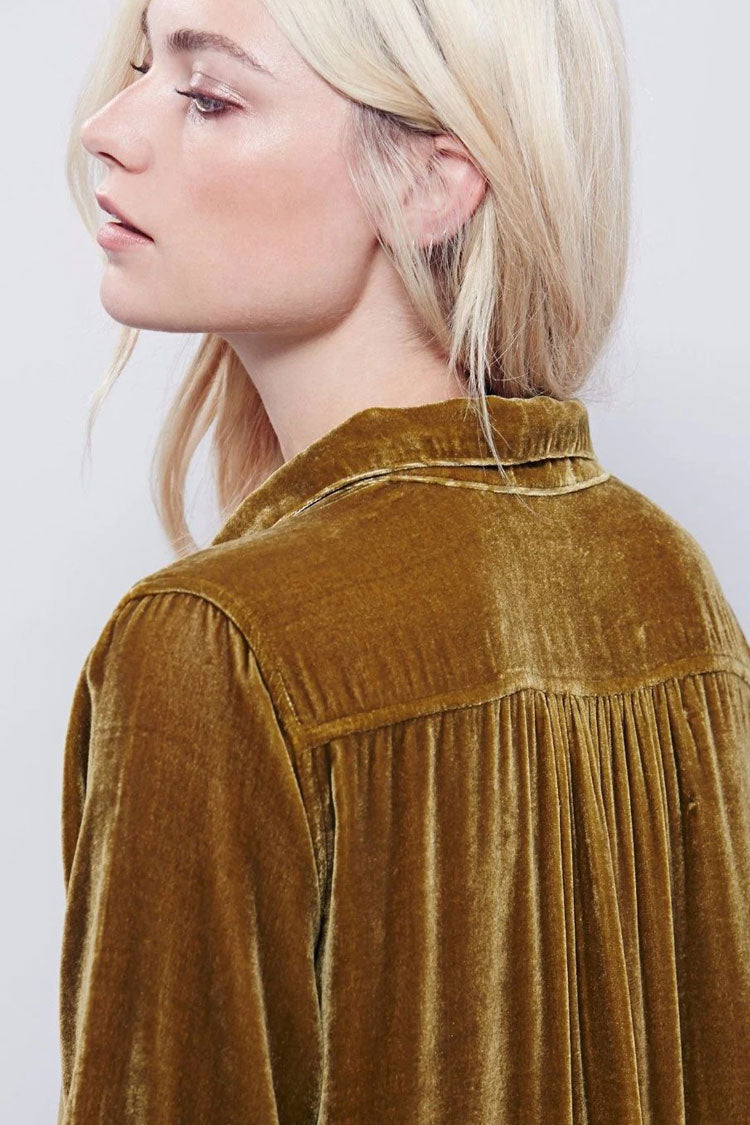 Khaki Collared V-Neck Long Sleeve Velvet Pocket Shirt Mini Dress