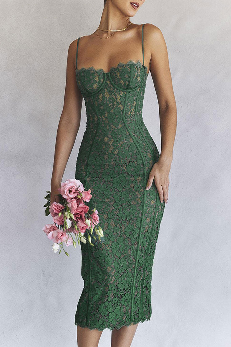 Green Spaghetti Strap Sweetheart Eyelash Lace Corset Bodycon Midi Dress
