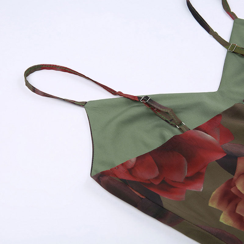 Green Spaghetti Strap V-Neck Rose Floral Print Slip A-Line Maxi Dress 4