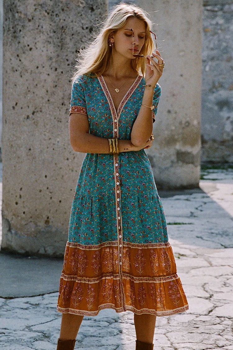 Teal Blue V-Neck Button Front Floral Print Tiered Boho Midi Dress