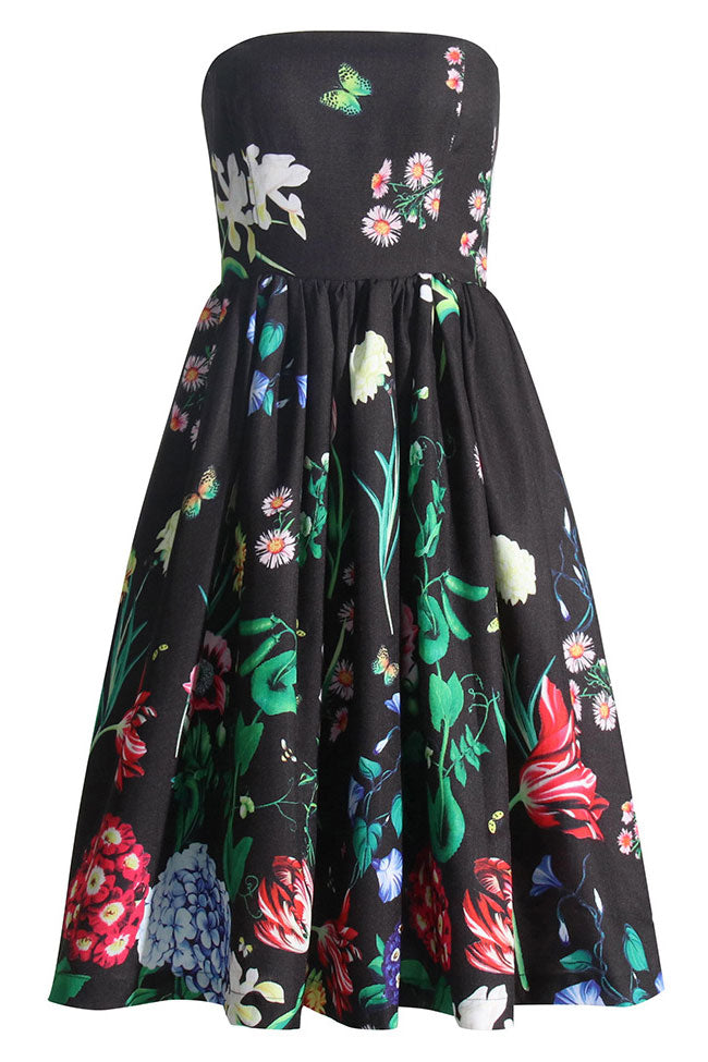 Black Strapless Floral Fit And Flare A-Line Midi Dress