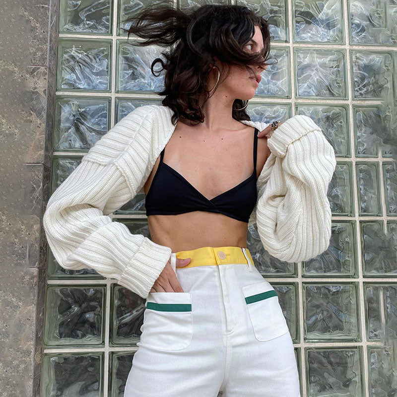 White Drop Shoulder Rib Knit Long Sleeve Cropped Shrug Cardigan