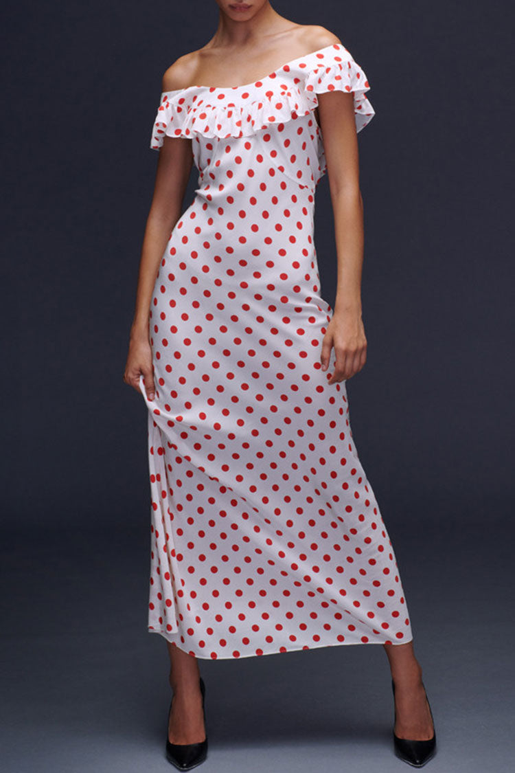 White Off-Shoulder Polka Dot Ruffle Flounce Slip Maxi Dress