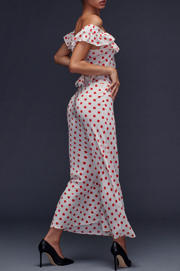 White Off-Shoulder Polka Dot Ruffle Flounce Slip Maxi Dress