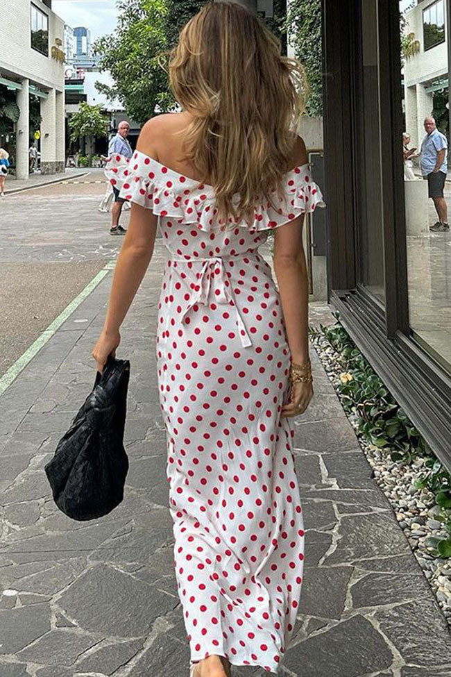 White Off-Shoulder Polka Dot Ruffle Flounce Slip Maxi Dress