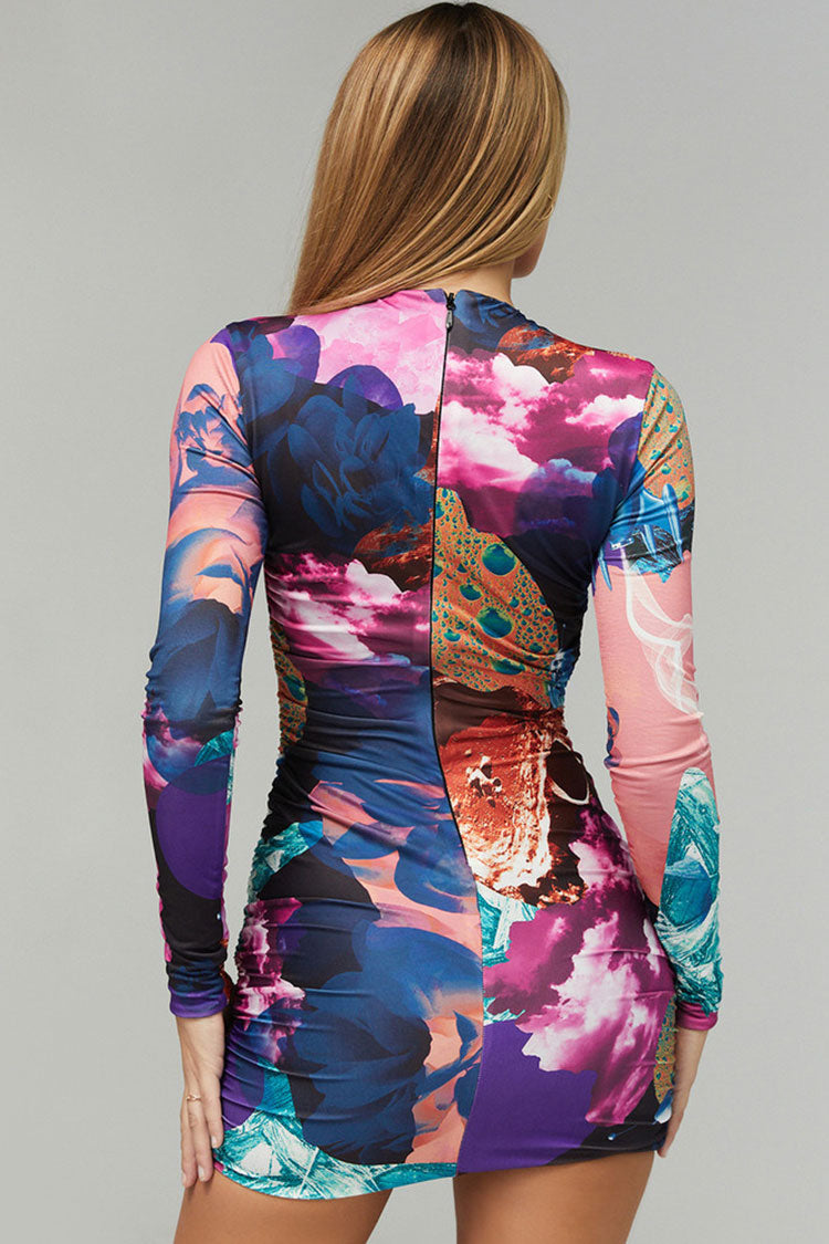 Abstract Print Long Sleeve Tie Keyhole Waist Cut Out Ruched Bodycon Mini Dress 4