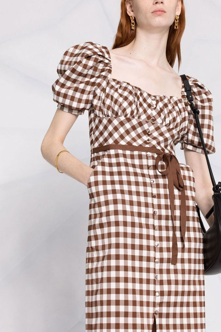 Brown Square Neck Puff Sleeve Gingham Check Button Front Slit Midi Dress 3