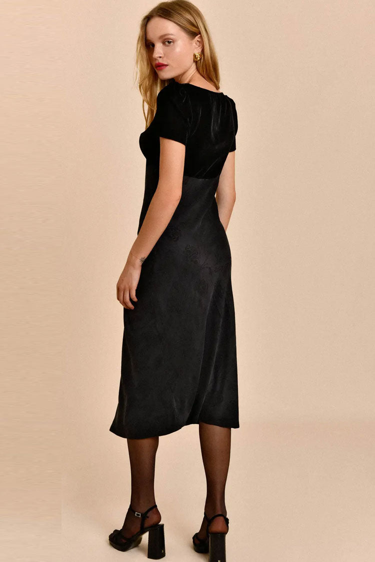Velvet Puff Sleeve Keyhole Floral Embroidery Jacquard Empire Midi Dress 3