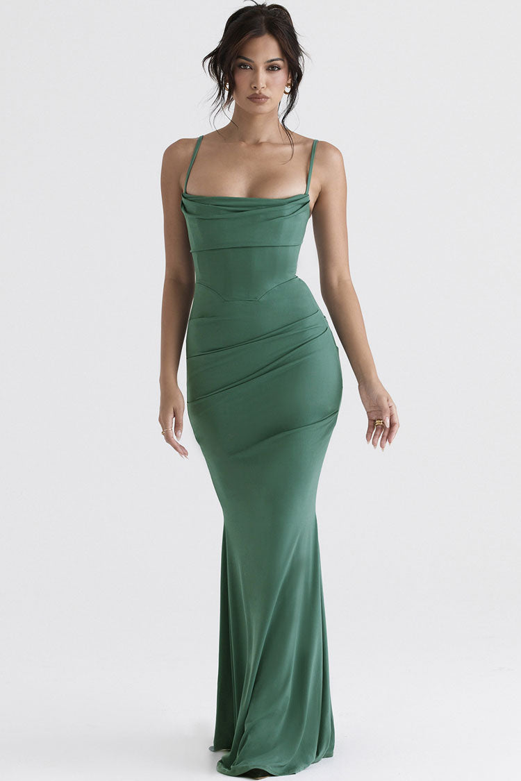 Square Neck Spaghetti Strap Corset Ruched Fishtail Maxi Gown 3