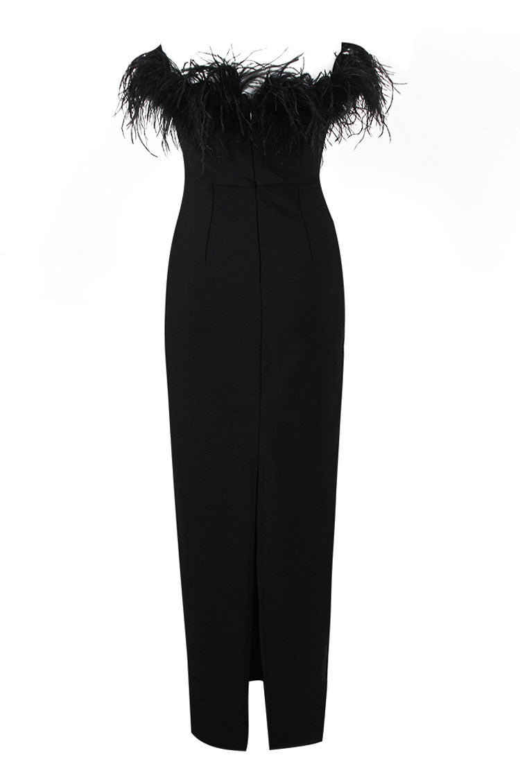 Black Strapless Sweetheart Feather Trim Bandage Bodycon Maxi Dress 4