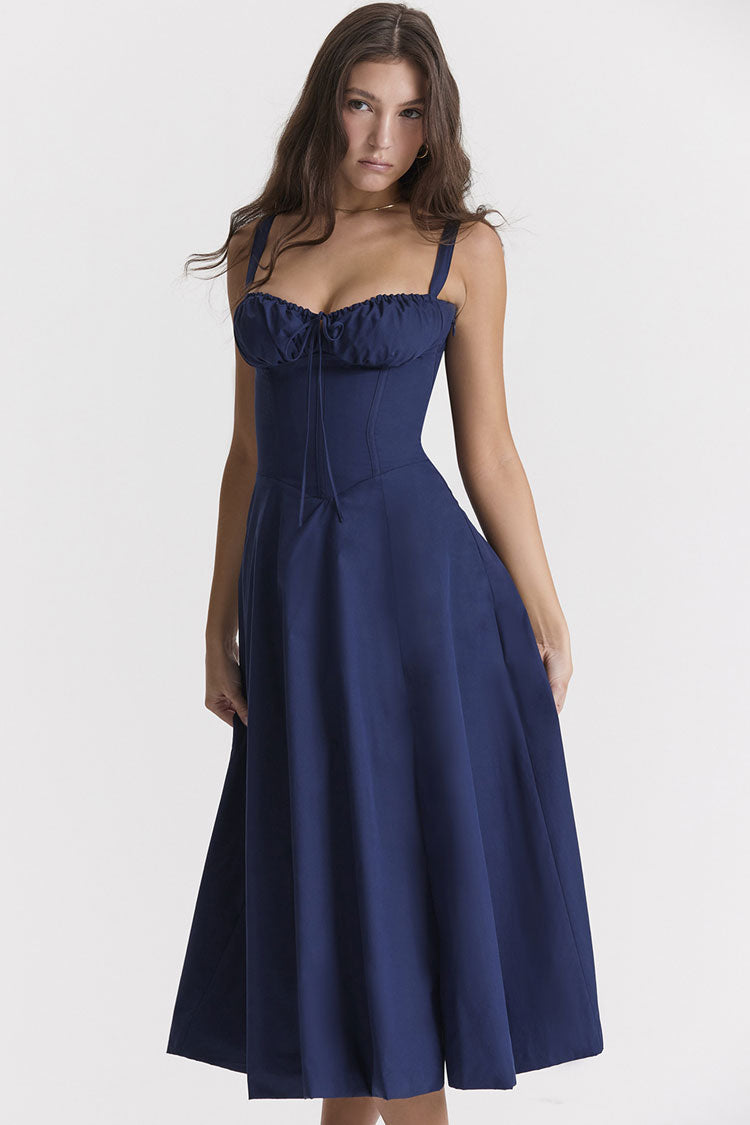 Navy Blue Sweetheart Neck Ruched Bust Corset Fit and Flare Midi Dress 2