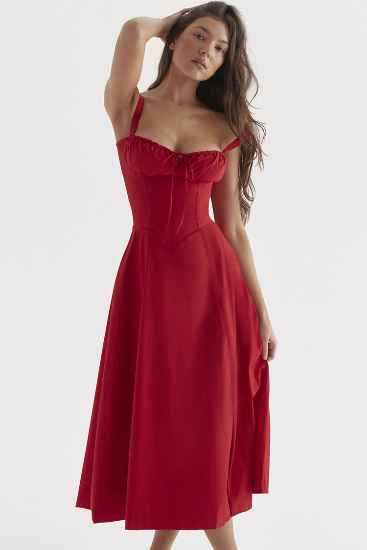 Red Sweetheart Neck Tie Front Corset Fit And Flare Midi Sundress