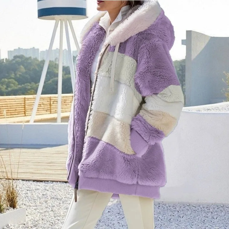 Hooded Zip Front Colorblock Patchwork Fleece Sherpa Jacket