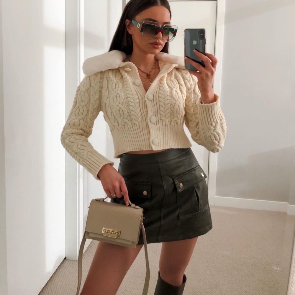 Beige Faux Fur Collar Cable Knit Button Front Cropped Cardigan