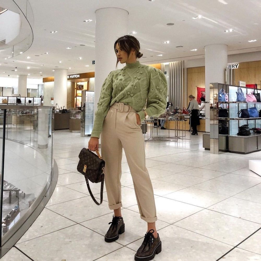 Mock Neck Pom Pom Cable Knit Long Sleeve Sweater