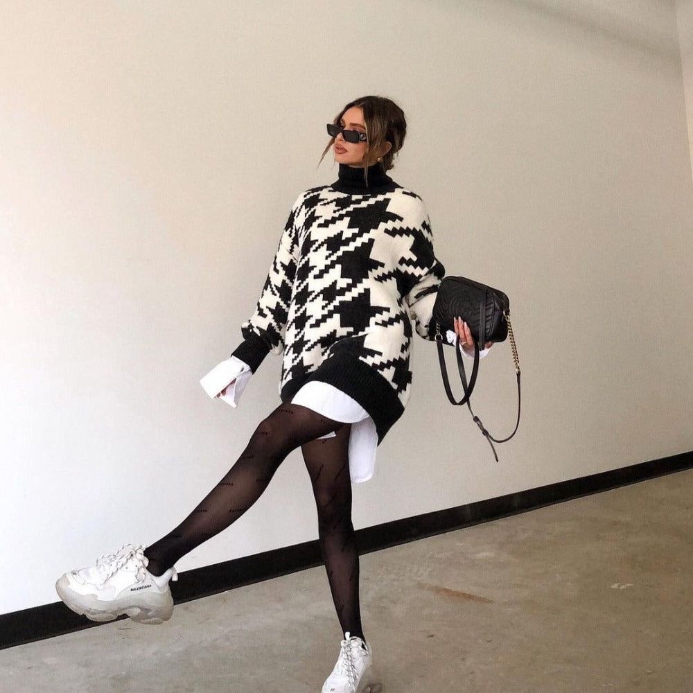 Turtleneck Long Sleeve Houndstooth Pattern Oversized Knit Sweater