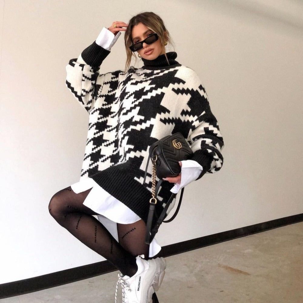 Turtleneck Long Sleeve Houndstooth Pattern Oversized Knit Sweater