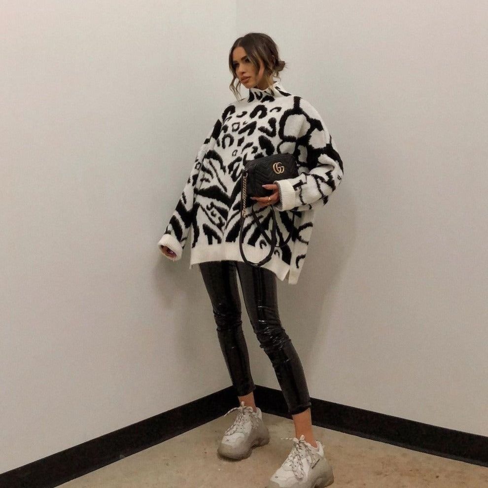 White Raised Collar Animal Print Oversized Knit Sweater