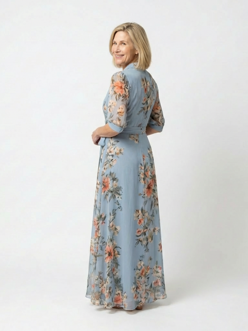 Floral Collared Surplice V-Neck Floral Chiffon Half Sleeve Wrap Maxi Dress