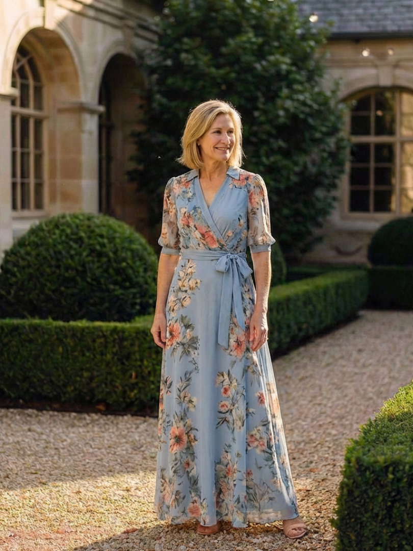 Floral Collared Surplice V-Neck Floral Chiffon Half Sleeve Wrap Maxi Dress