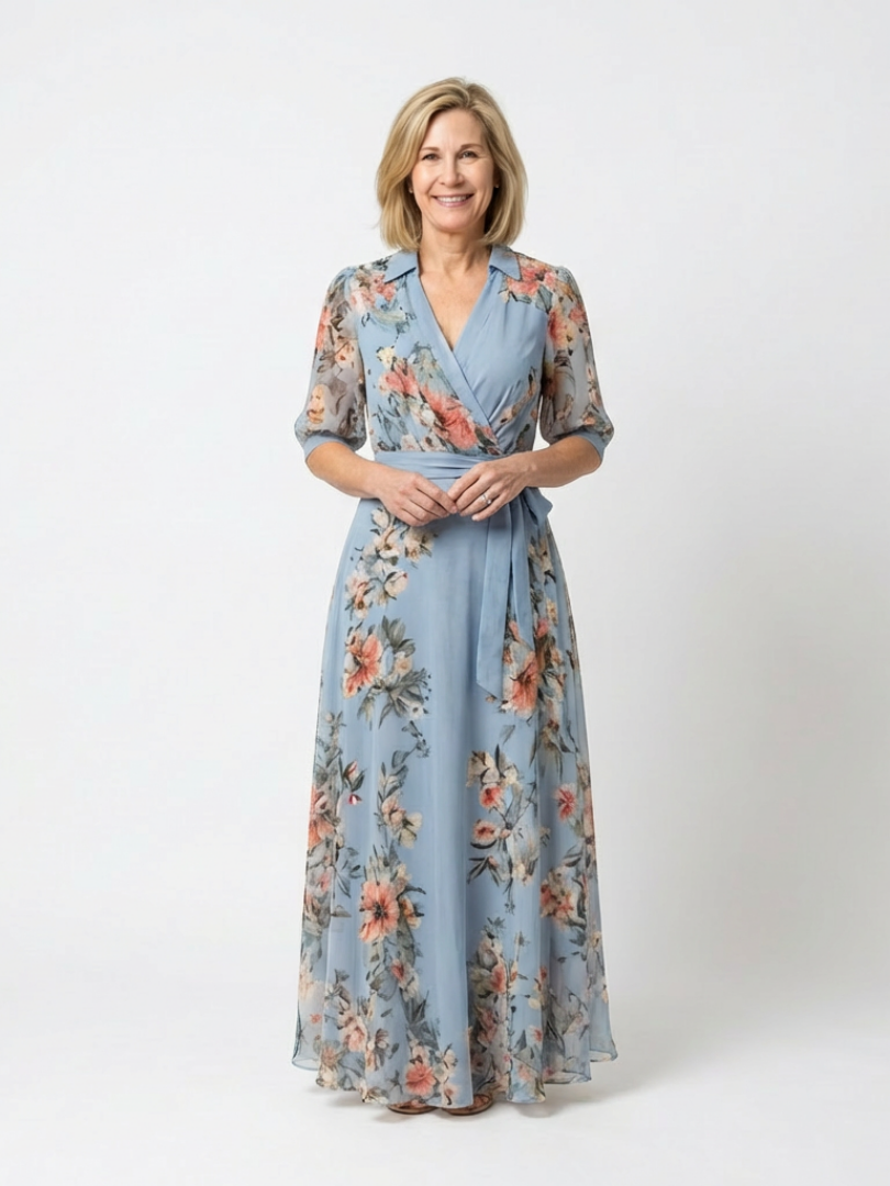 Floral Collared Surplice V-Neck Floral Chiffon Half Sleeve Wrap Maxi Dress