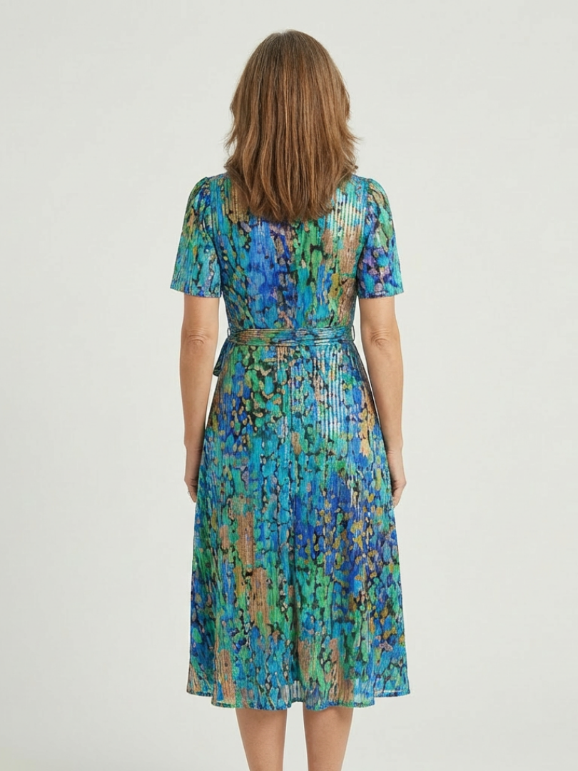 V-Neck Abstract Print Shimmer Flutter Sleeve Wrap A-Line Midi Dress