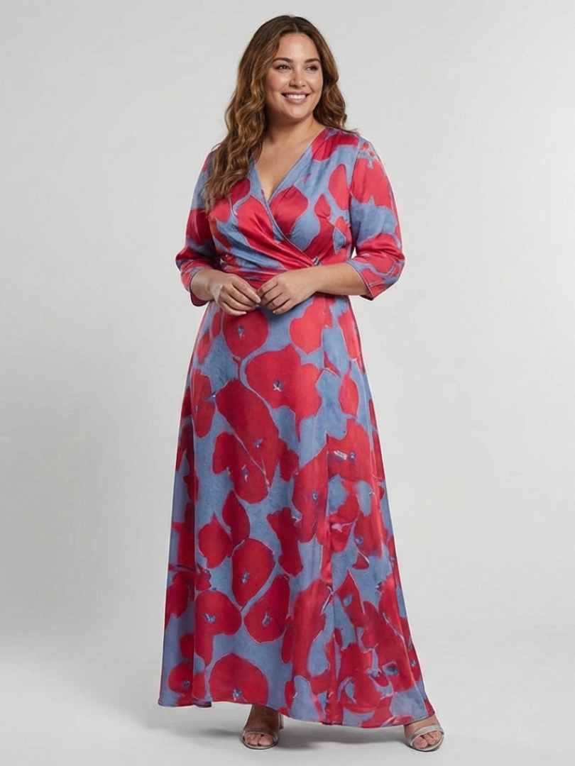 Floral V-Neck Floral Three Quarter Sleeve Wrap A-Line Maxi Dress