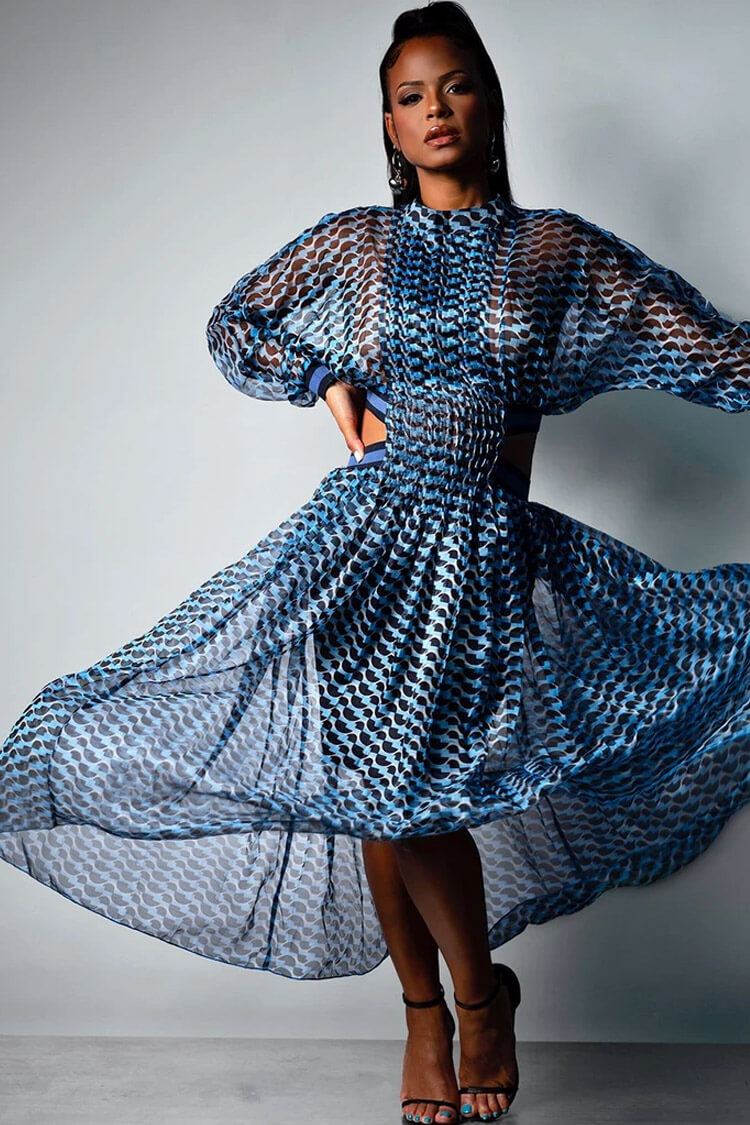 Blue High Neck Wave Print Long Sleeve Cutout Pleated Sheer Maxi Dress