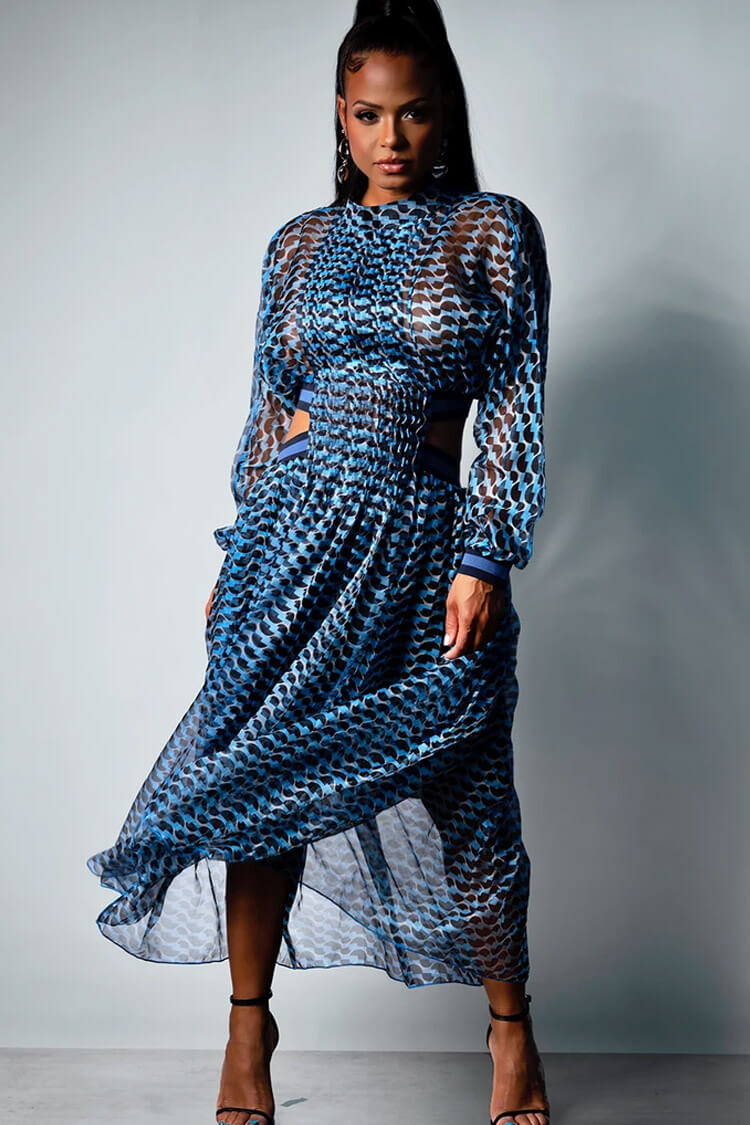 Blue High Neck Wave Print Long Sleeve Cutout Pleated Sheer Maxi Dress 2