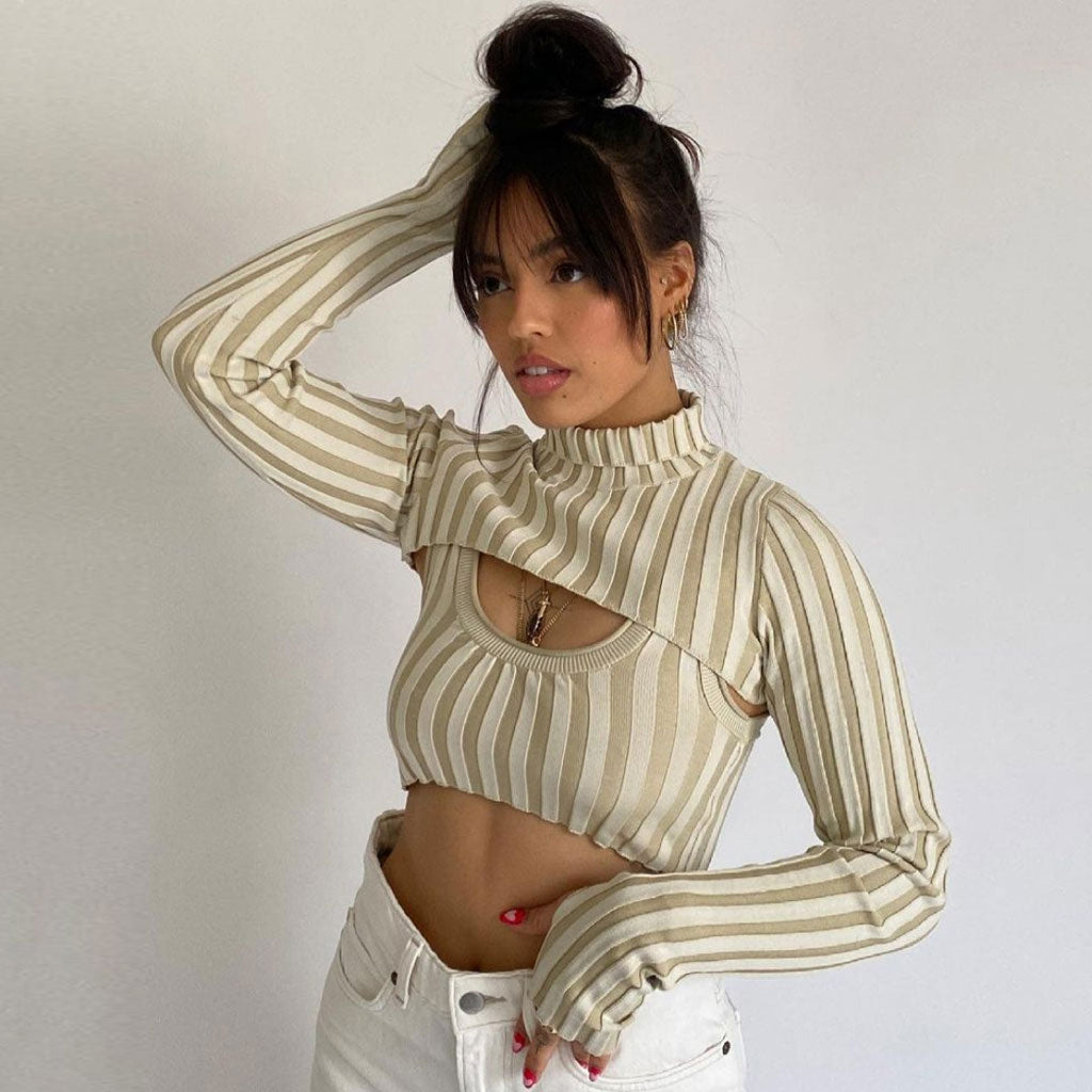 Apricot Mock Neck Rib Knit Cutout Long Sleeve Cropped Sweater 2