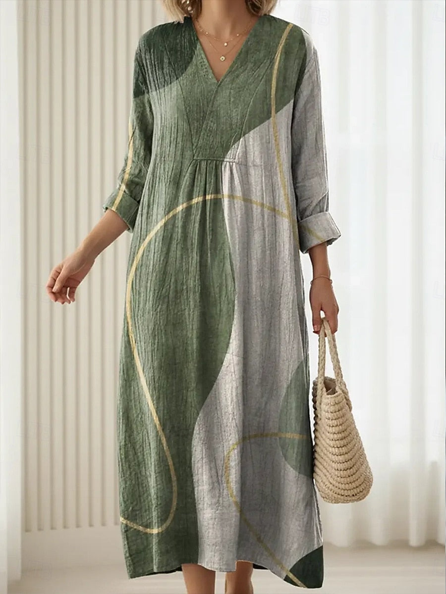 Multicolor V-Neck Abstract Print Long Sleeve Pocket Shift Maxi Dress