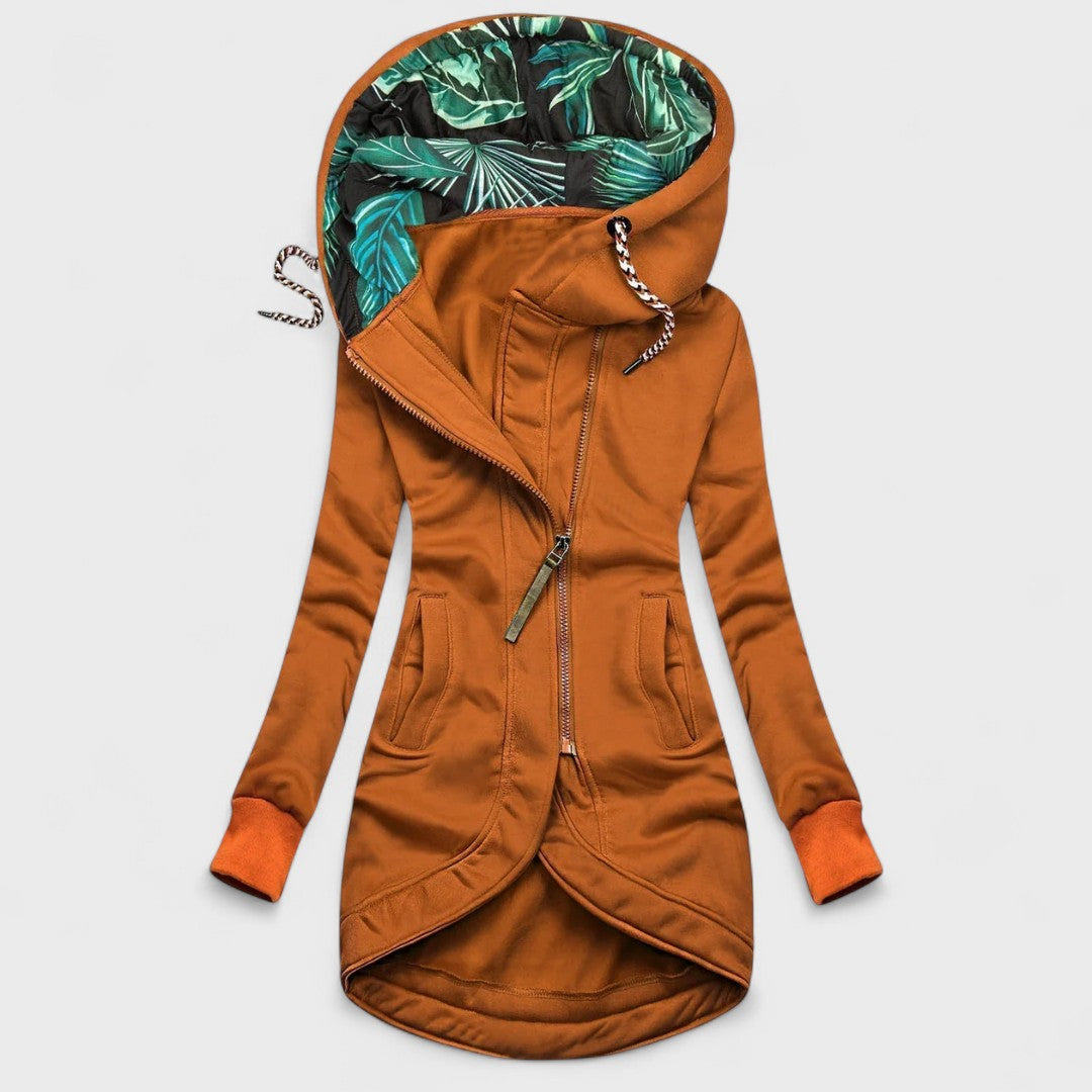 Hooded Asymmetric Zip Leaf-Lined Curved Hem Fleece Jacket 3