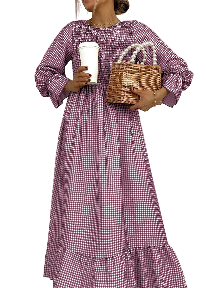 Round Neck Gingham Shirred Bodice Flounce Sleeve A-Line Maxi Dress