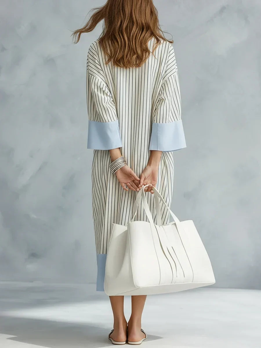 Collared V-Neck Long Sleeve Striped Color Block Shift Midi Dress 4