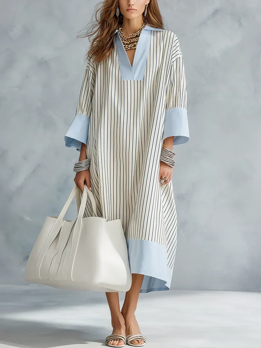Collared V-Neck Long Sleeve Striped Color Block Shift Midi Dress 2