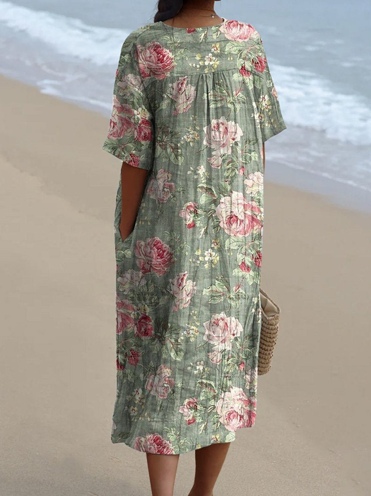 V-Neck Vintage Rose Floral Short Sleeve Relaxed Midi Dress