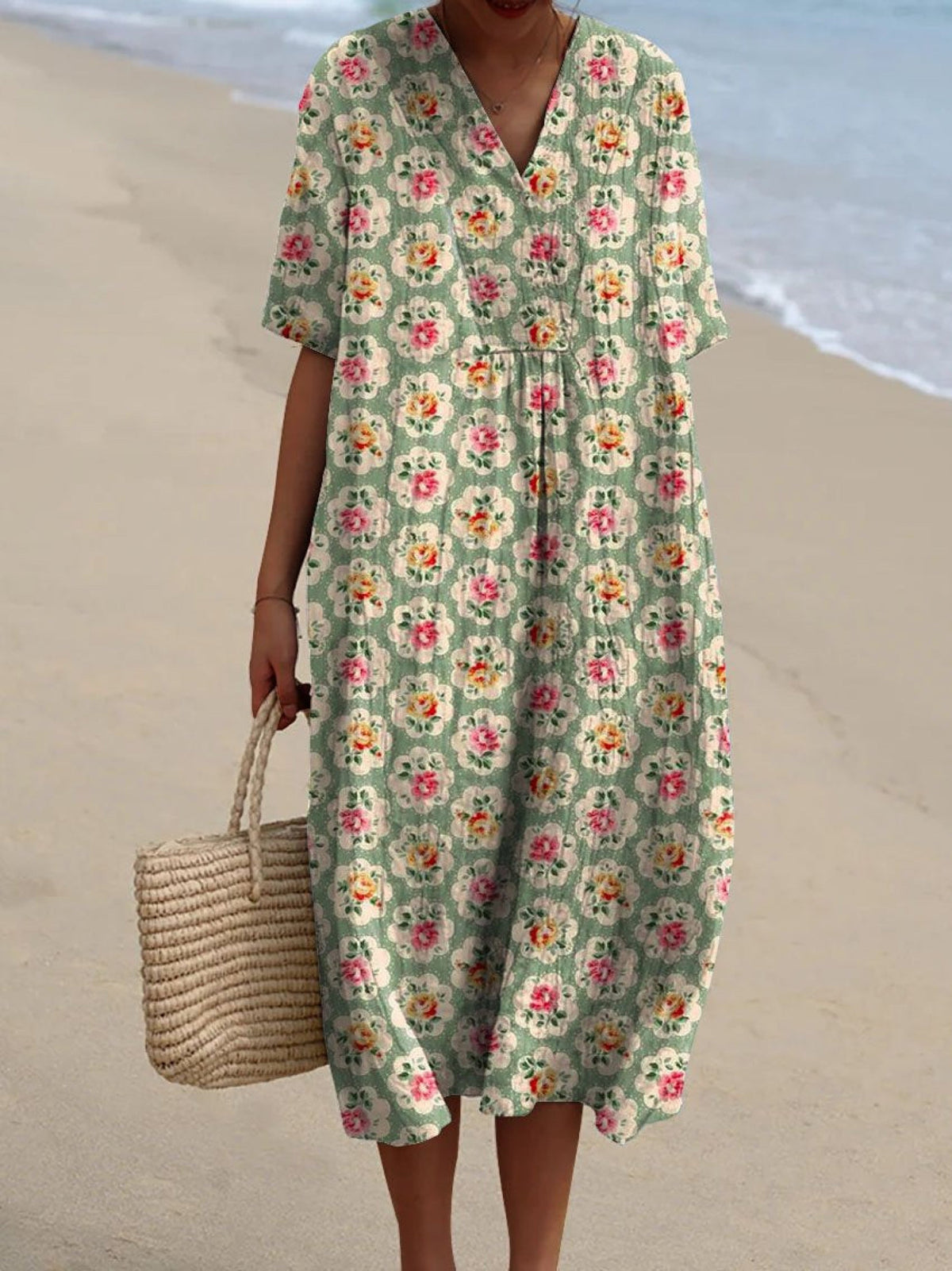 V-Neck Floral Print Short Sleeve Relaxed Midi Dress