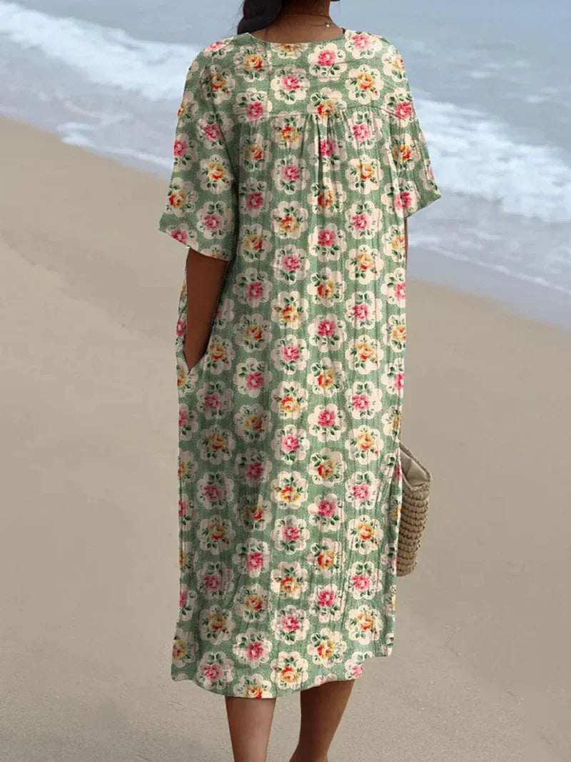 V-Neck Floral Print Short Sleeve Pleated Shift Midi Dress
