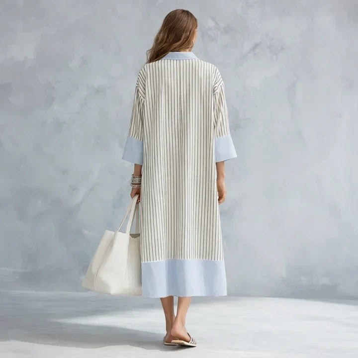 Collared V-Neck Long Sleeve Striped Color Block Shift Midi Dress 5