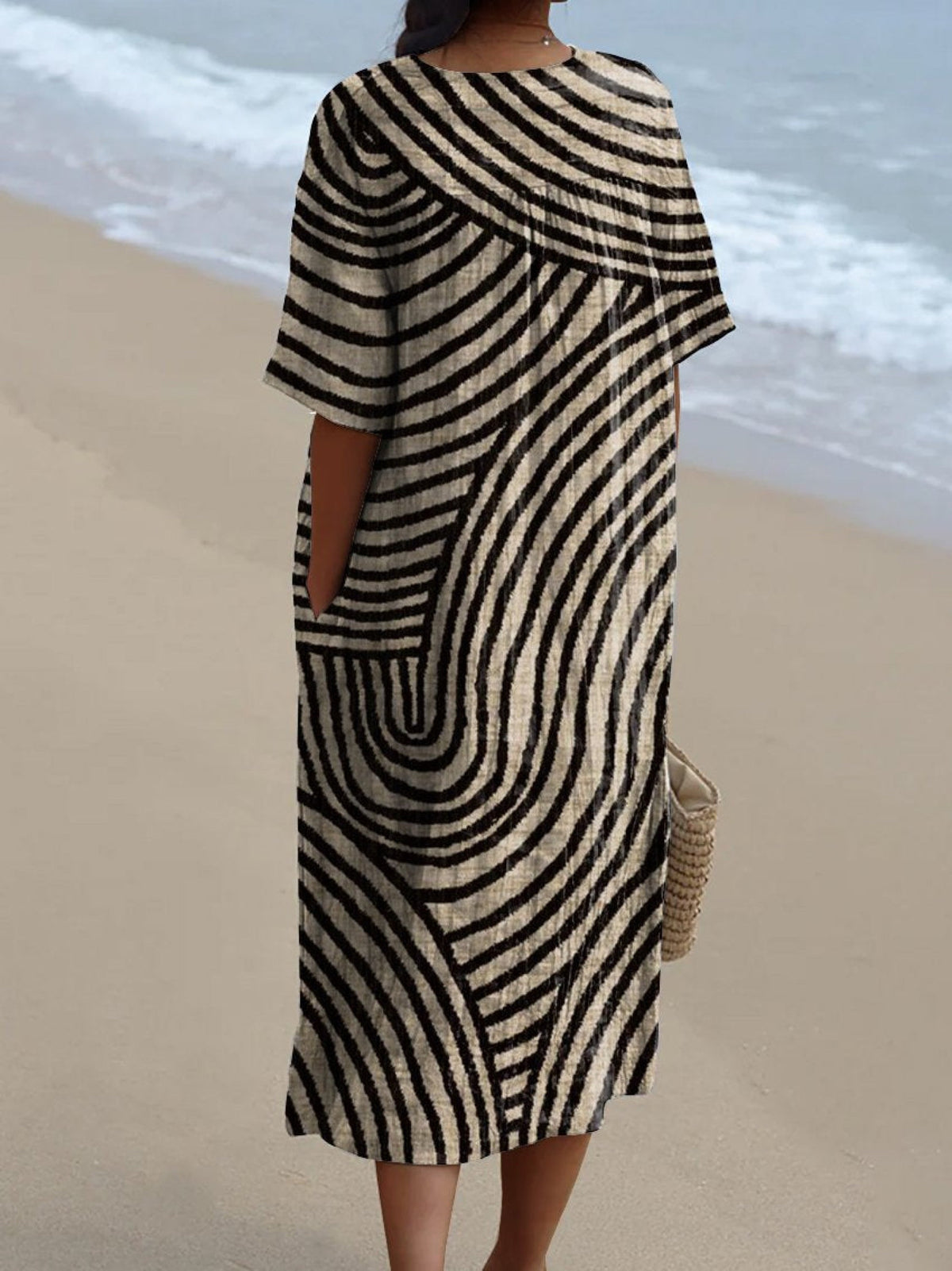 V-Neck Abstract Stripe Print Short Sleeve Pocket Shift Midi Dress