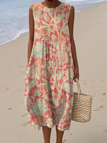 Round Neck Floral Print Sleeveless Pocket A-Line Midi Dress