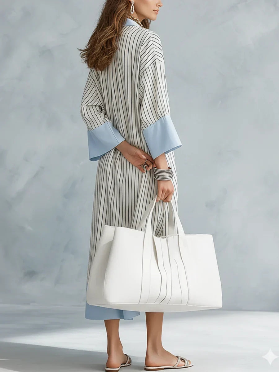 Collared V-Neck Long Sleeve Striped Color Block Shift Midi Dress 3