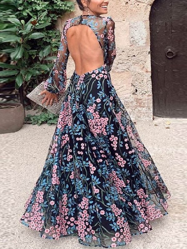 Multicolor Long Sleeve Floral Embroidered Mesh Open Back A-Line Maxi Dress