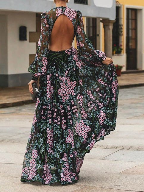 Multicolor Long Sleeve Floral Embroidered Mesh Open Back A-Line Maxi Dress 2