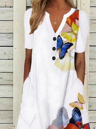 Butterfly Print V Neck Button Short Sleeve Pocket Dress
