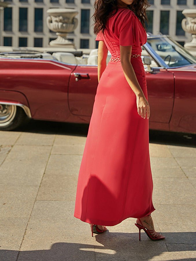 Crew Neck Ruched High Slit Short Sleeve Bodycon Maxi Dress 5