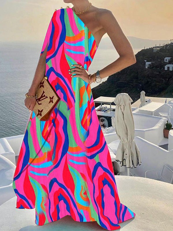 One-Shoulder Floral Print Swing A-Line Maxi Dress 2