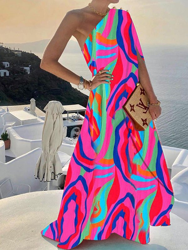 One-Shoulder Floral Print Swing A-Line Maxi Dress 4
