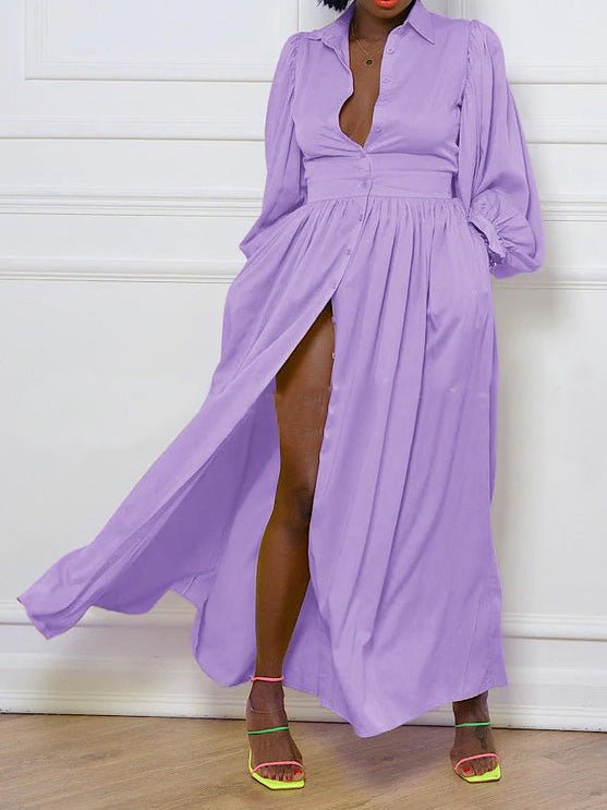 Collared Button Front Balloon Sleeve High Slit Shirt Maxi Dress 3